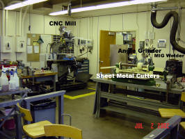 CNC Mill, Angle Grinder, MIG Welder, Sheet Metal Cutter. Welding booth to the right with Oxygen-Acetylene torch (not shown).