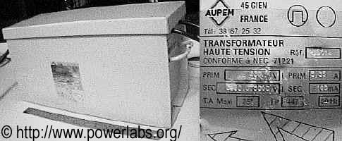 Side view of transformer with a close up of the label.