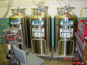 Liquid Nitrogen tanks used to feed the Liquid Helium generator on the 600l/m vaccum chamber Cryopump.