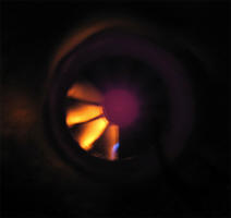 Turbine blades glowing inside nozzle several seconds after shutdown.