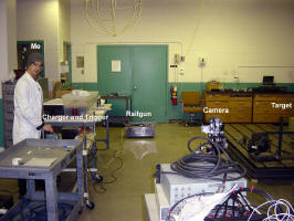 View of the laboratory set up for Rail Gun testing. I am operating the charger on the left corner of the picture and the target is at the back of the room, to the right.