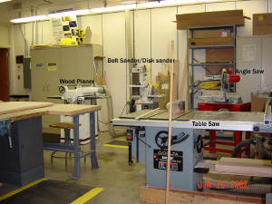 Looking at the left wall: Wood Planer, Belt/Disk Sander, Table Saw, Angle Saw.